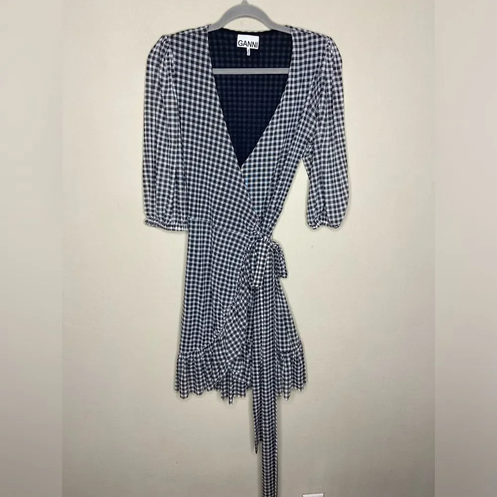 Ganni Gingham Mini Black White Dress Checkered Ruffled Size 4